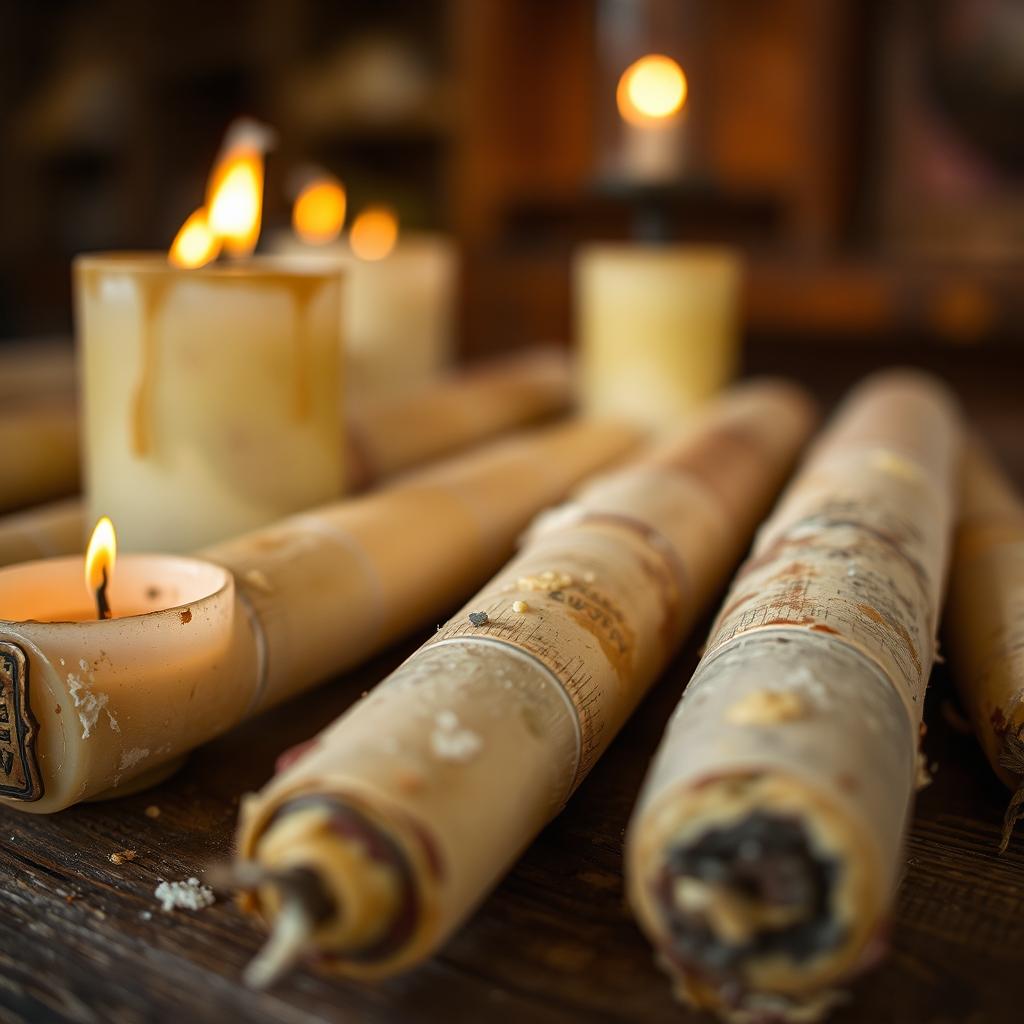 A close-up view of old candles on a wooden table, showcasing their worn-out textures and remnants of melted wax