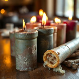 A close-up view of old candles on a wooden table, showcasing their worn-out textures and remnants of melted wax