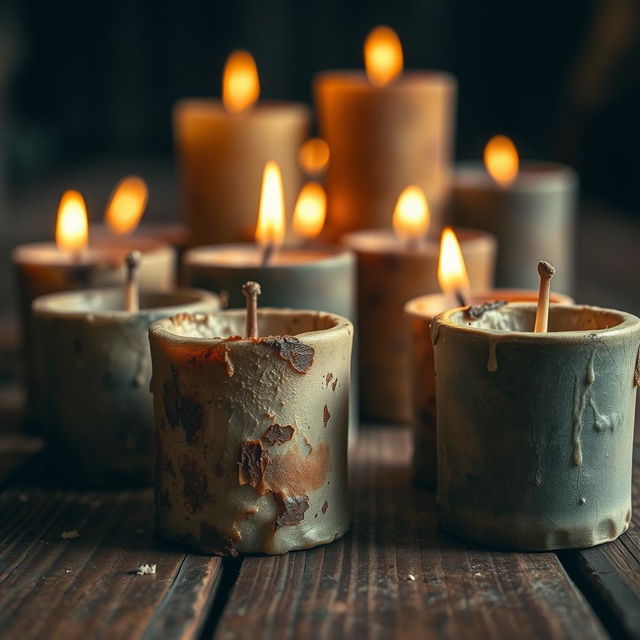 A close-up view of old candles on a wooden table, showcasing their worn-out textures and remnants of melted wax