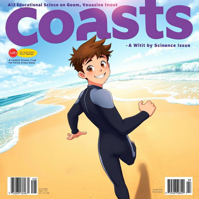 Anime-style cover art for an educational science magazine issue titled 'Coasts', featuring a friendly teen male character in a tight full-body wetsuit, joyfully running on a sandy beach towards the ocean while glancing back behind himself with an engaging smile