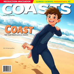 Anime-style cover art for an educational science magazine issue titled 'Coasts', featuring a friendly teen male character in a tight full-body wetsuit, joyfully running on a sandy beach towards the ocean while glancing back behind himself with an engaging smile