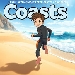 Anime-style cover art for an educational science magazine issue titled 'Coasts', featuring a friendly teen male character in a tight full-body wetsuit, joyfully running on a sandy beach towards the ocean while glancing back behind himself with an engaging smile