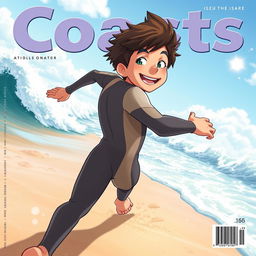 Anime-style cover art for an educational science magazine issue titled 'Coasts', featuring a friendly teen male character in a tight full-body wetsuit, joyfully running on a sandy beach towards the ocean while glancing back behind himself with an engaging smile
