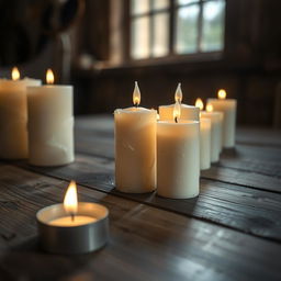 A close-up view of simple white old candles on a rustic wooden table