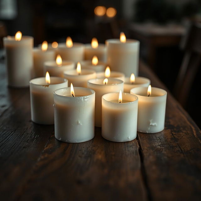 A close-up view of simple white old candles on a rustic wooden table