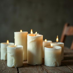 A close-up view of simple white old candles on a rustic wooden table