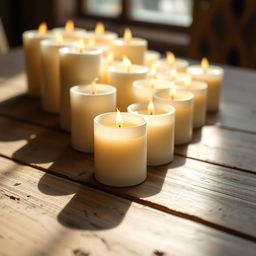 A close-up view of simple white old candles on a rustic wooden table