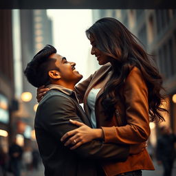 A very tall Indian girl and her short boyfriend sharing a romantic moment in an urban setting