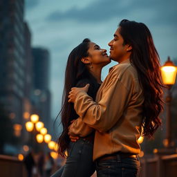 A very tall Indian girl and her short boyfriend sharing a romantic moment in an urban setting