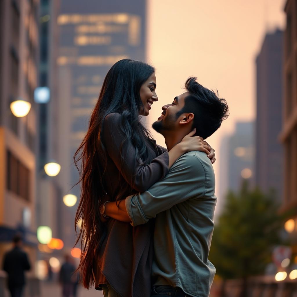 A very tall Indian girl and her short boyfriend sharing a romantic moment in an urban setting