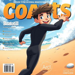 Anime-style cover art for an educational science magazine issue titled 'Coasts', showcasing a friendly teen male character in a tight full-body wetsuit, running energetically on a sandy beach towards the ocean while looking back behind himself with a warm and inviting smile