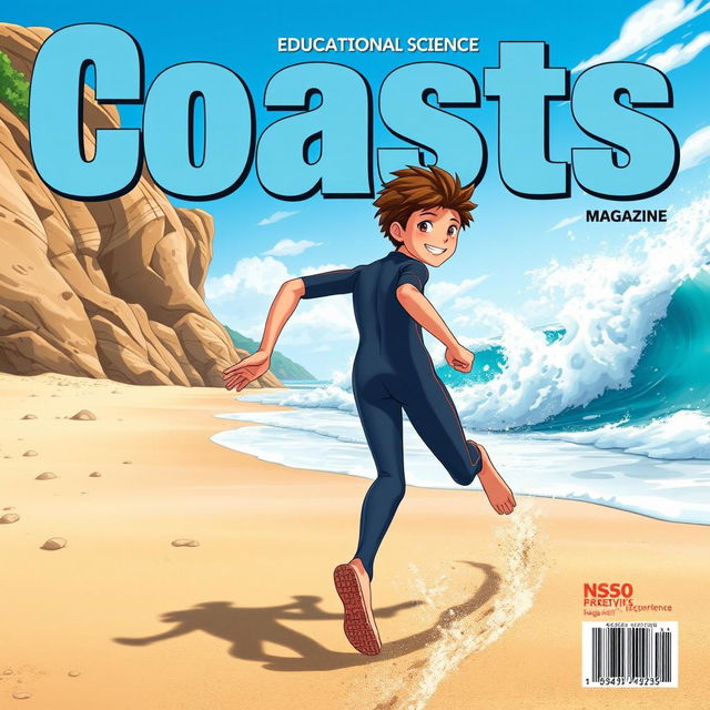 Anime-style cover art for an educational science magazine issue titled 'Coasts', showcasing a friendly teen male character in a tight full-body wetsuit, running energetically on a sandy beach towards the ocean while looking back behind himself with a warm and inviting smile