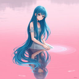 A stunning anime girl with vibrant blue hair, elegantly sitting by a serene pink lake