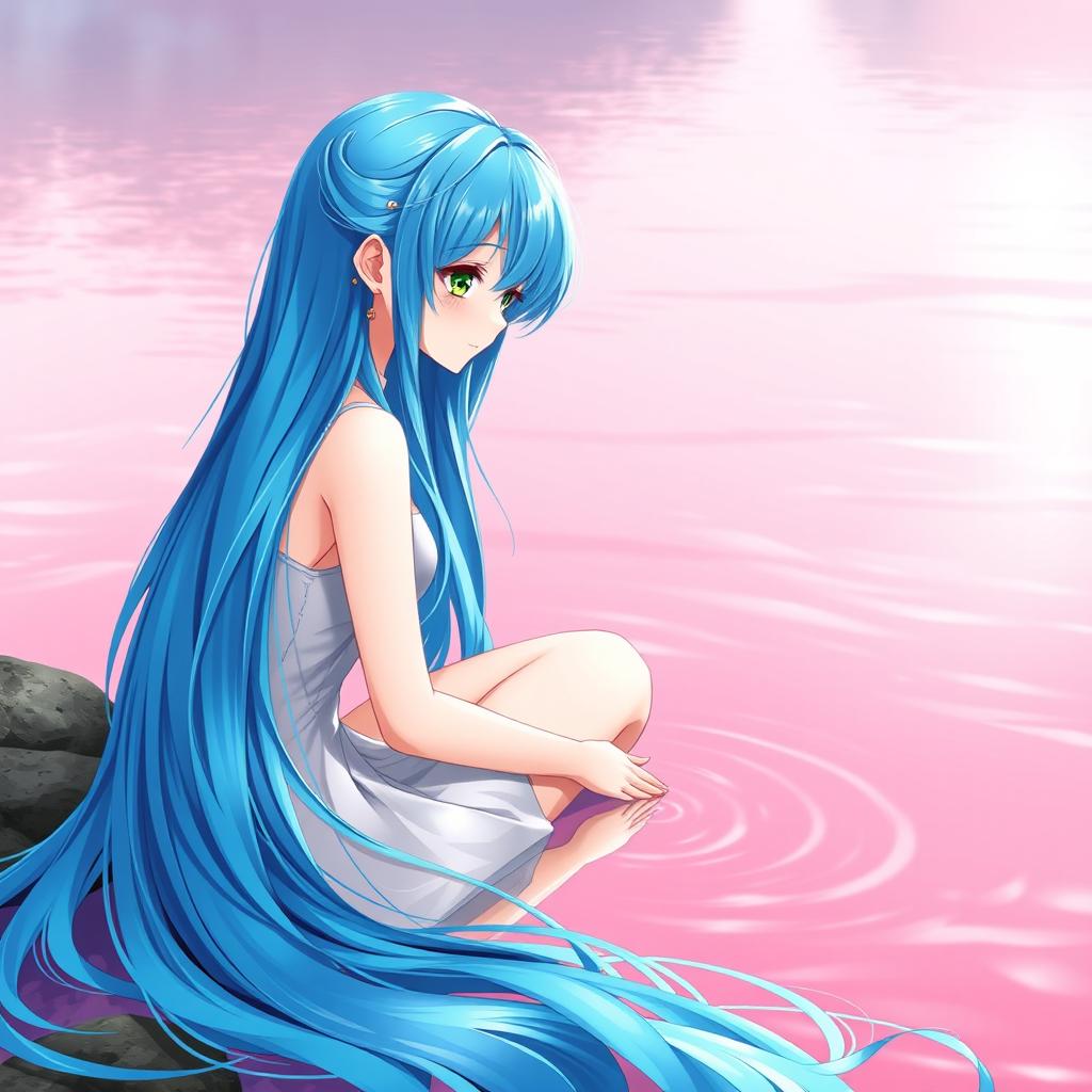 A stunning anime girl with vibrant blue hair, elegantly sitting by a serene pink lake