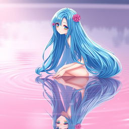 A stunning anime girl with vibrant blue hair, elegantly sitting by a serene pink lake