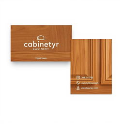 A sleek and modern business card design for a cabinet-making business, featuring elegant wood textures and contemporary typography