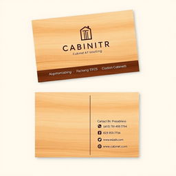 A sleek and modern business card design for a cabinet-making business, featuring elegant wood textures and contemporary typography