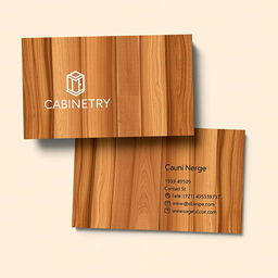 A sleek and modern business card design for a cabinet-making business, featuring elegant wood textures and contemporary typography