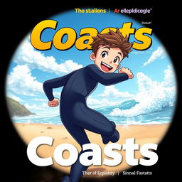 Anime-style cover art for an educational science magazine issue titled 'Coasts', featuring an excited teen male character in a tight full-body wetsuit, energetically running on a beach towards the ocean while looking back behind himself with a cheerful expression