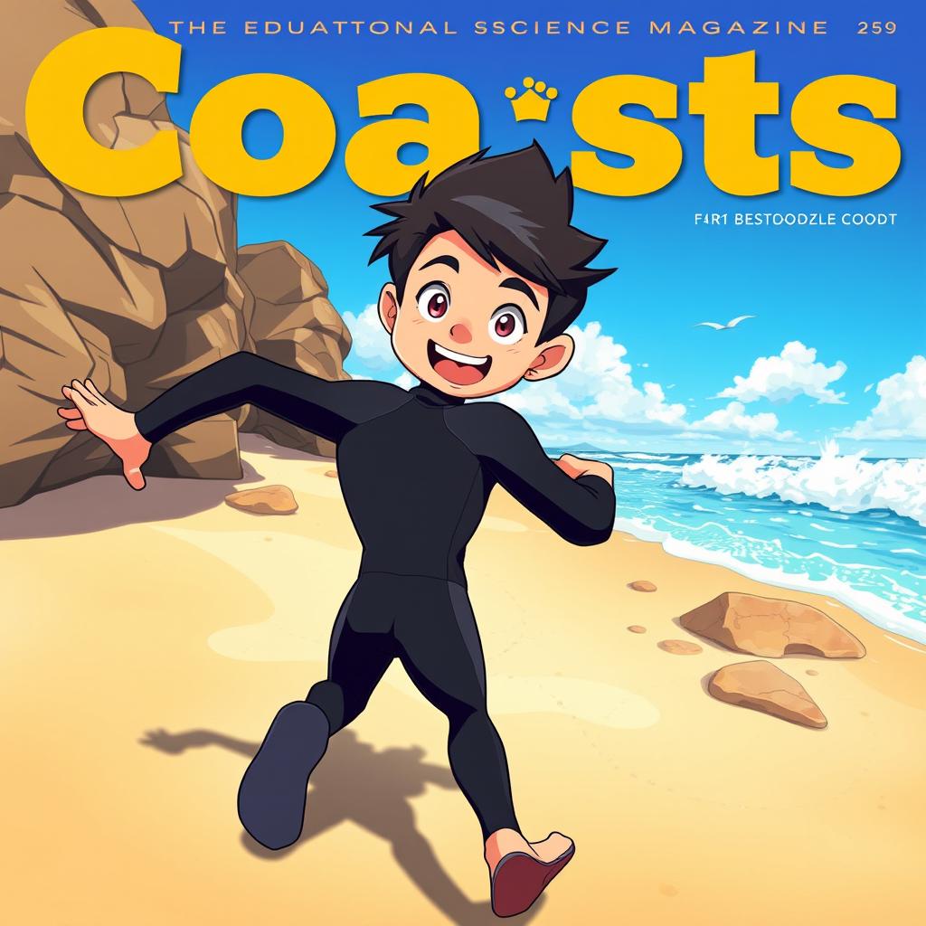 Anime-style cover art for an educational science magazine issue titled 'Coasts', featuring an excited teen male character in a tight full-body wetsuit, energetically running on a beach towards the ocean while looking back behind himself with a cheerful expression