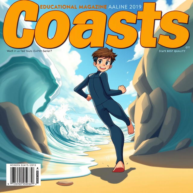 Anime-style cover art for an educational science magazine issue titled 'Coasts', featuring an excited teen male character in a tight full-body wetsuit, energetically running on a beach towards the ocean while looking back behind himself with a cheerful expression