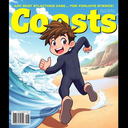 Anime-style cover art for an educational science magazine issue titled 'Coasts', featuring an excited teen male character in a tight full-body wetsuit, energetically running on a beach towards the ocean while looking back behind himself with a cheerful expression