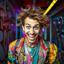 A wild-eyed man in a vibrant urban setting, showcasing an eccentric style with mismatched colorful clothing and flamboyant accessories