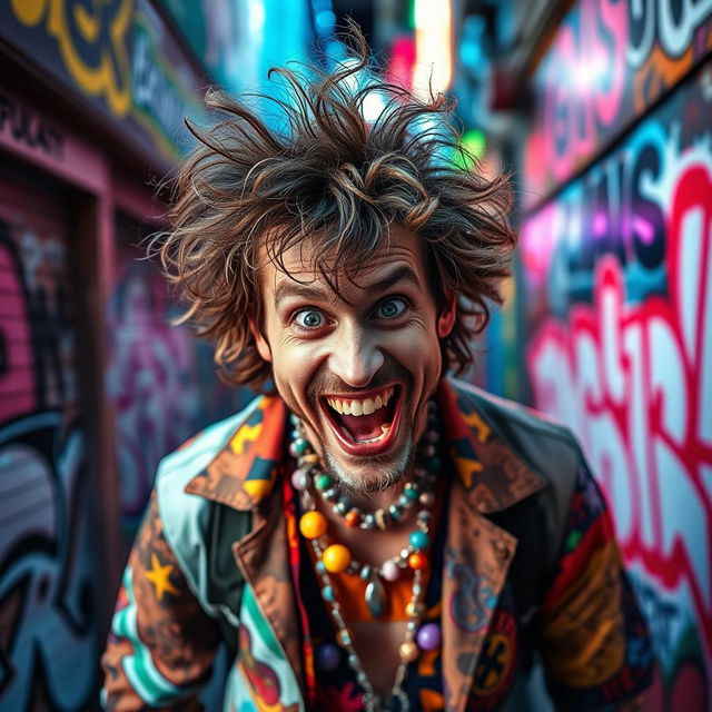 A wild-eyed man in a vibrant urban setting, showcasing an eccentric style with mismatched colorful clothing and flamboyant accessories