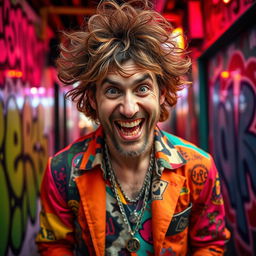A wild-eyed man in a vibrant urban setting, showcasing an eccentric style with mismatched colorful clothing and flamboyant accessories