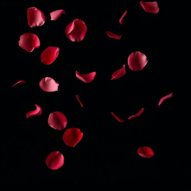 A beautiful scene of delicate rose petals softly falling against a deep black background, creating a striking contrast