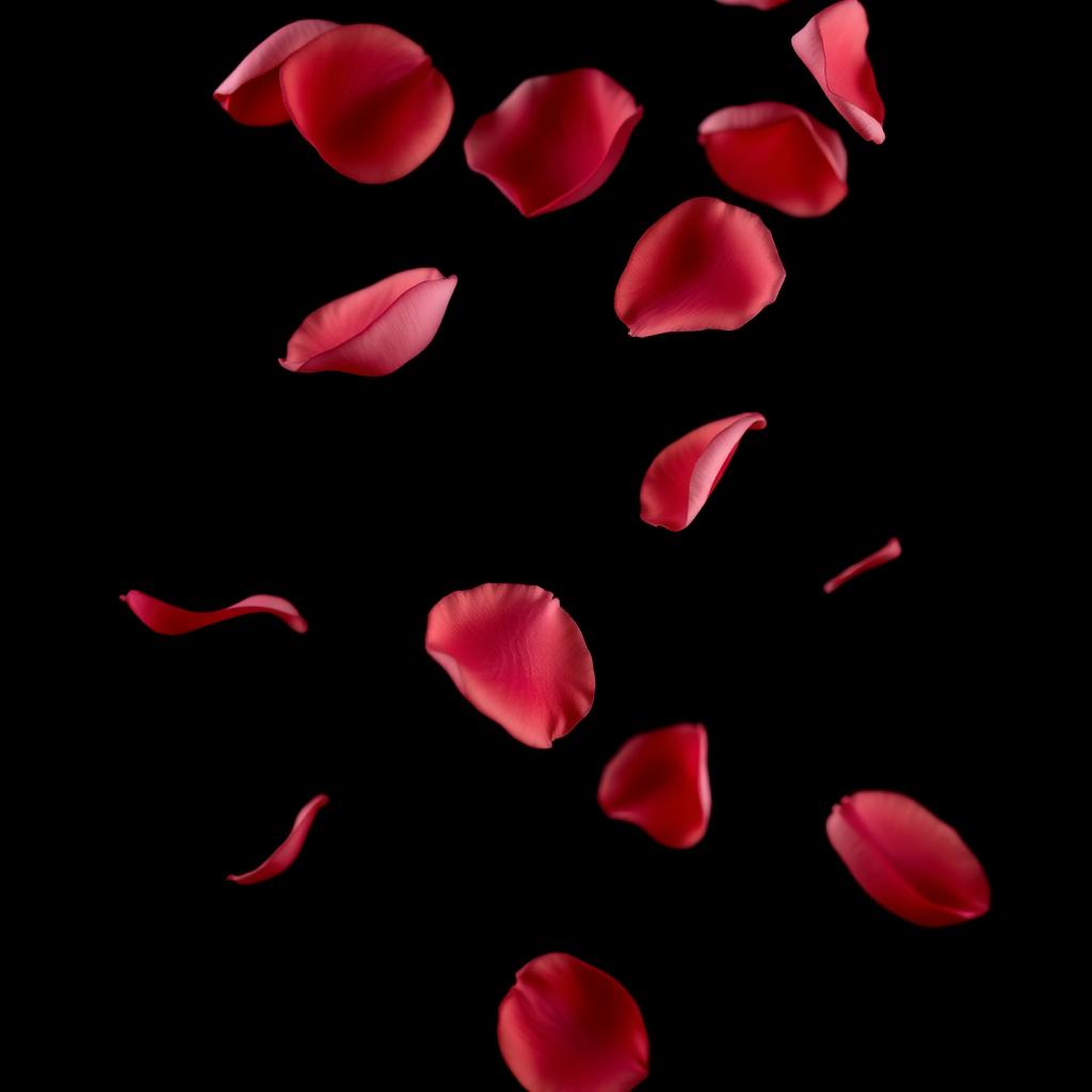 A beautiful scene of delicate rose petals softly falling against a deep black background, creating a striking contrast