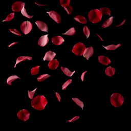 A beautiful scene of delicate rose petals softly falling against a deep black background, creating a striking contrast