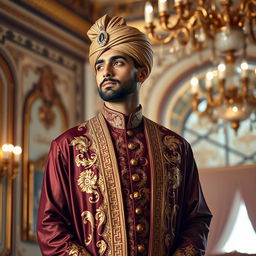 An elegant and sophisticated individual, embodying the character of an Amir, dressed in luxurious traditional attire