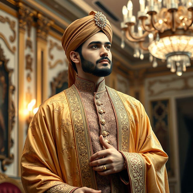 An elegant and sophisticated individual, embodying the character of an Amir, dressed in luxurious traditional attire