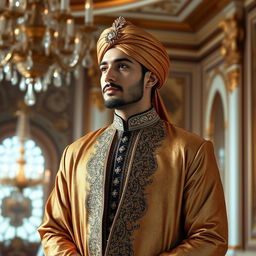 An elegant and sophisticated individual, embodying the character of an Amir, dressed in luxurious traditional attire