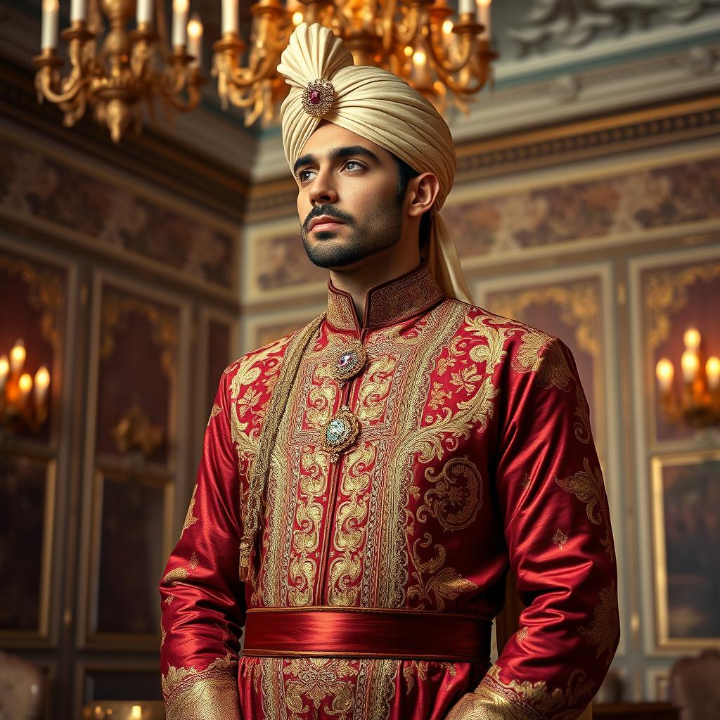 An elegant and sophisticated individual, embodying the character of an Amir, dressed in luxurious traditional attire