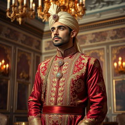 An elegant and sophisticated individual, embodying the character of an Amir, dressed in luxurious traditional attire