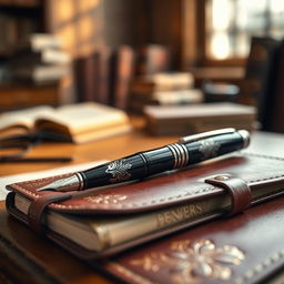An artistic close-up of an elegant fountain pen resting on a luxurious leather notebook