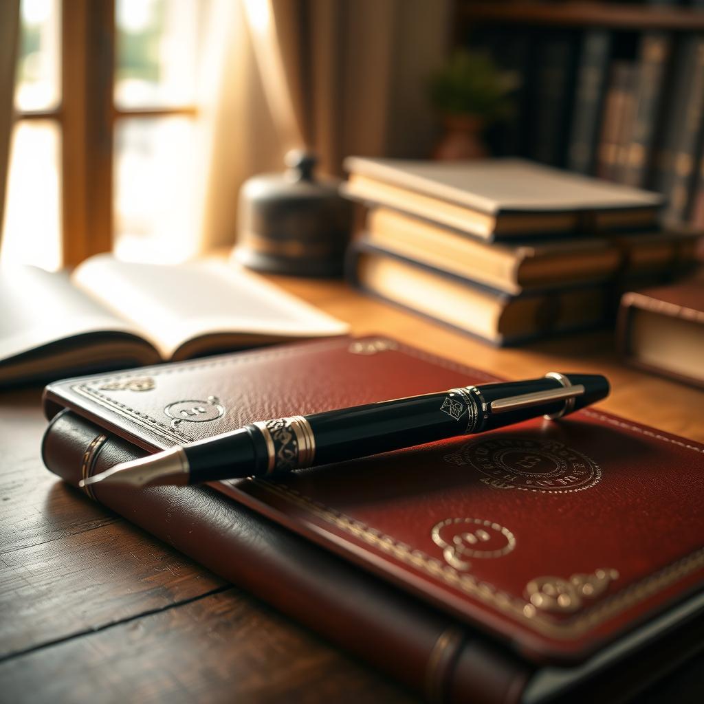 An artistic close-up of an elegant fountain pen resting on a luxurious leather notebook