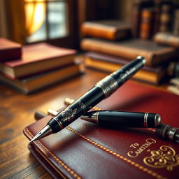 An artistic close-up of an elegant fountain pen resting on a luxurious leather notebook