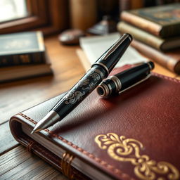 An artistic close-up of an elegant fountain pen resting on a luxurious leather notebook