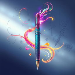 A beautiful digital illustration featuring a main pen with an artistic flair, showcasing flowing ink and creative elements surrounding it