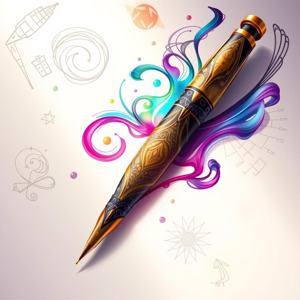 A beautiful digital illustration featuring a main pen with an artistic flair, showcasing flowing ink and creative elements surrounding it