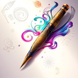 A beautiful digital illustration featuring a main pen with an artistic flair, showcasing flowing ink and creative elements surrounding it