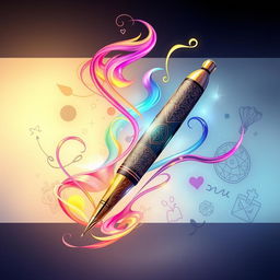 A beautiful digital illustration featuring a main pen with an artistic flair, showcasing flowing ink and creative elements surrounding it