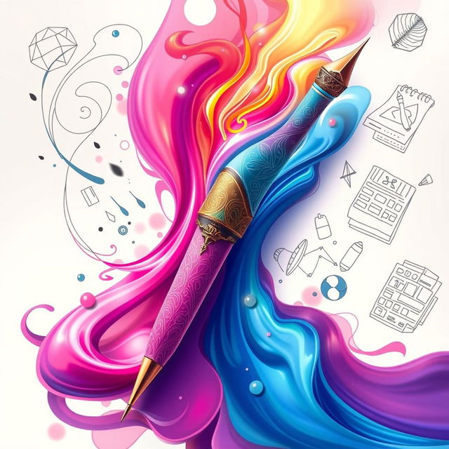 A beautiful digital illustration featuring a main pen with an artistic flair, showcasing flowing ink and creative elements surrounding it