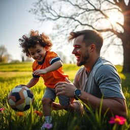 A heartwarming scene capturing a playful moment between a father and son