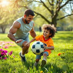 A heartwarming scene capturing a playful moment between a father and son