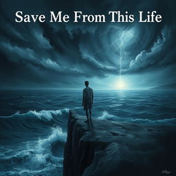 A dramatic and surreal artwork depicting a figure standing on the edge of a cliff overlooking a stormy ocean, symbolizing a desperate plea for rescue
