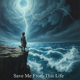 A dramatic and surreal artwork depicting a figure standing on the edge of a cliff overlooking a stormy ocean, symbolizing a desperate plea for rescue